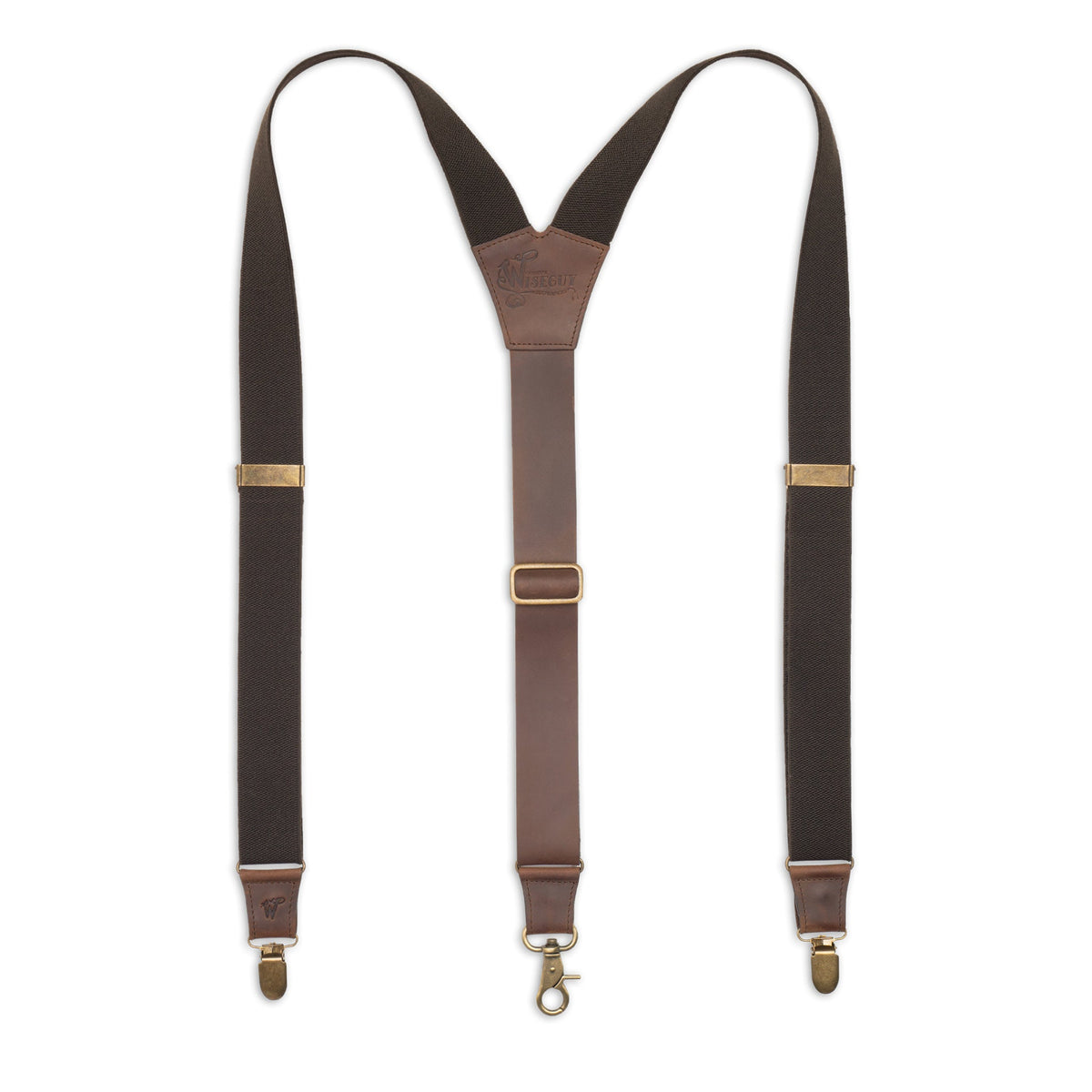 Flat lay of Brown Wiseguy Charger Suspenders with Dark Brown Authentic Nubuck Leather and European Elastic webbing straps, brass metal hardware and Y-back design.