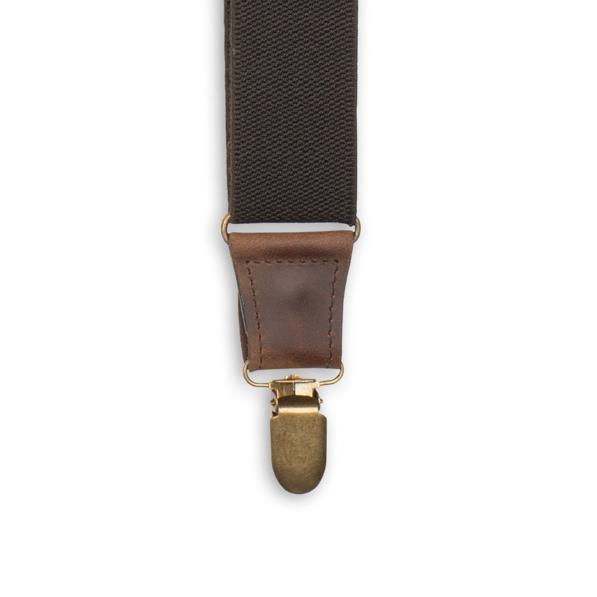 Close-up of Brass Metal Clip with Dark Brown Authentic Nubuck Leather connector on Wiseguy Charger Suspenders.