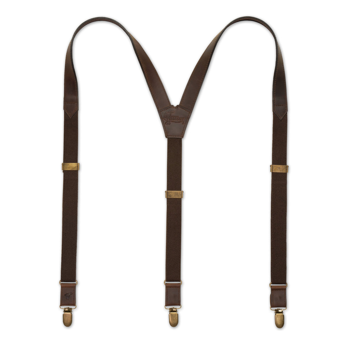 Flat lay of Dark Brown Wiseguy Associate Flex Suspenders with Dark Brown Authentic Nubuck Leather Parts, European Elastic Webbing straps, Brass metal hardware and Y-back design.