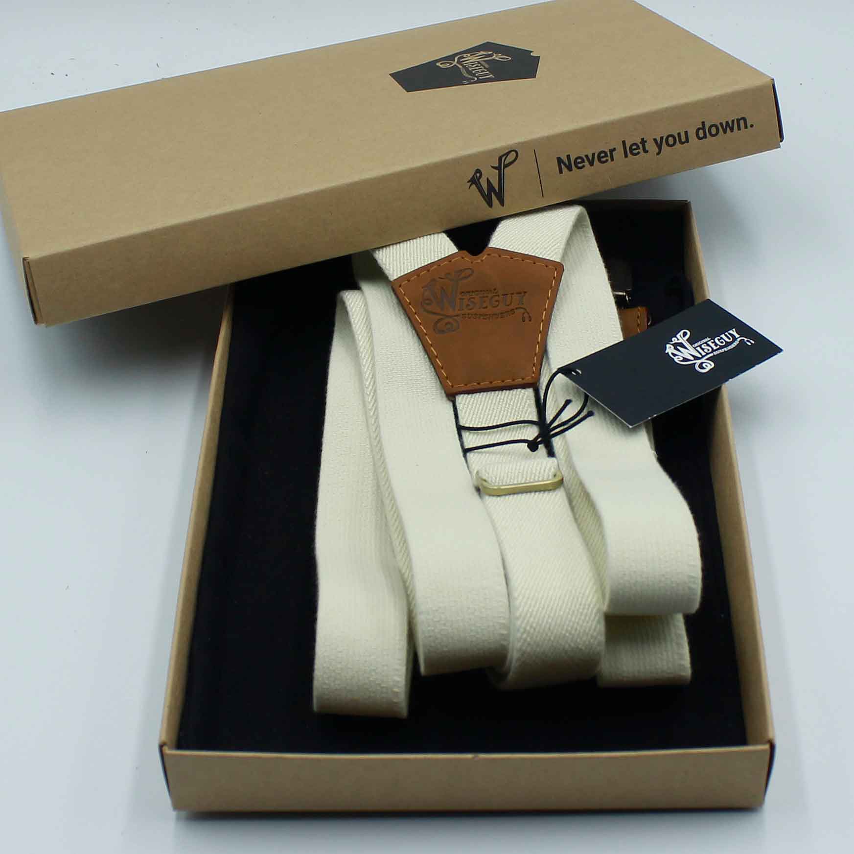 The Ivory Suspenders on Camel Brown & Brass slim straps (1 inch/ 2.5 cm) - Wiseguy Suspenders