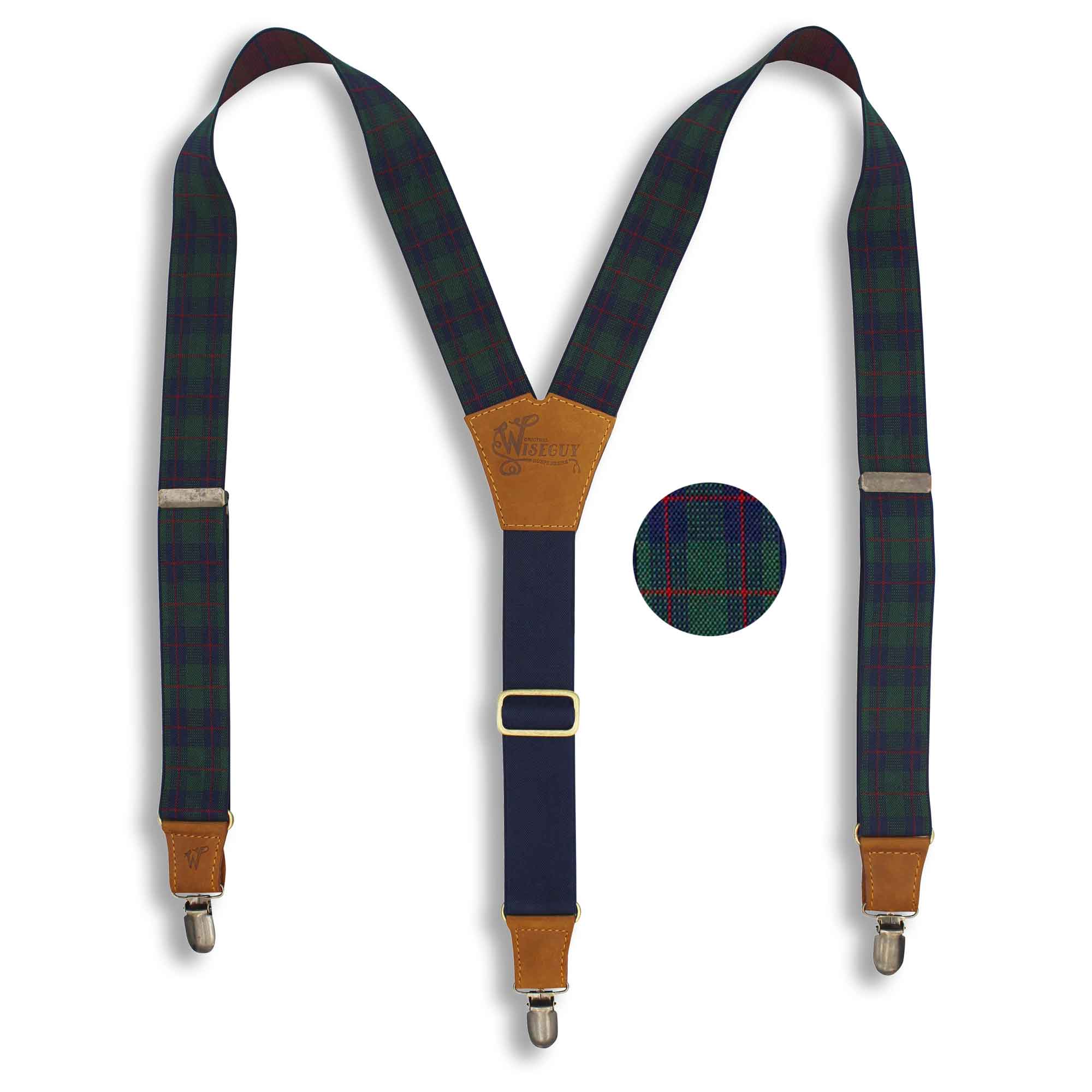 Tartan Green-navy-red Suspenders wide straps (1.36 inch/ 3.5 cm) - Wiseguy Suspenders