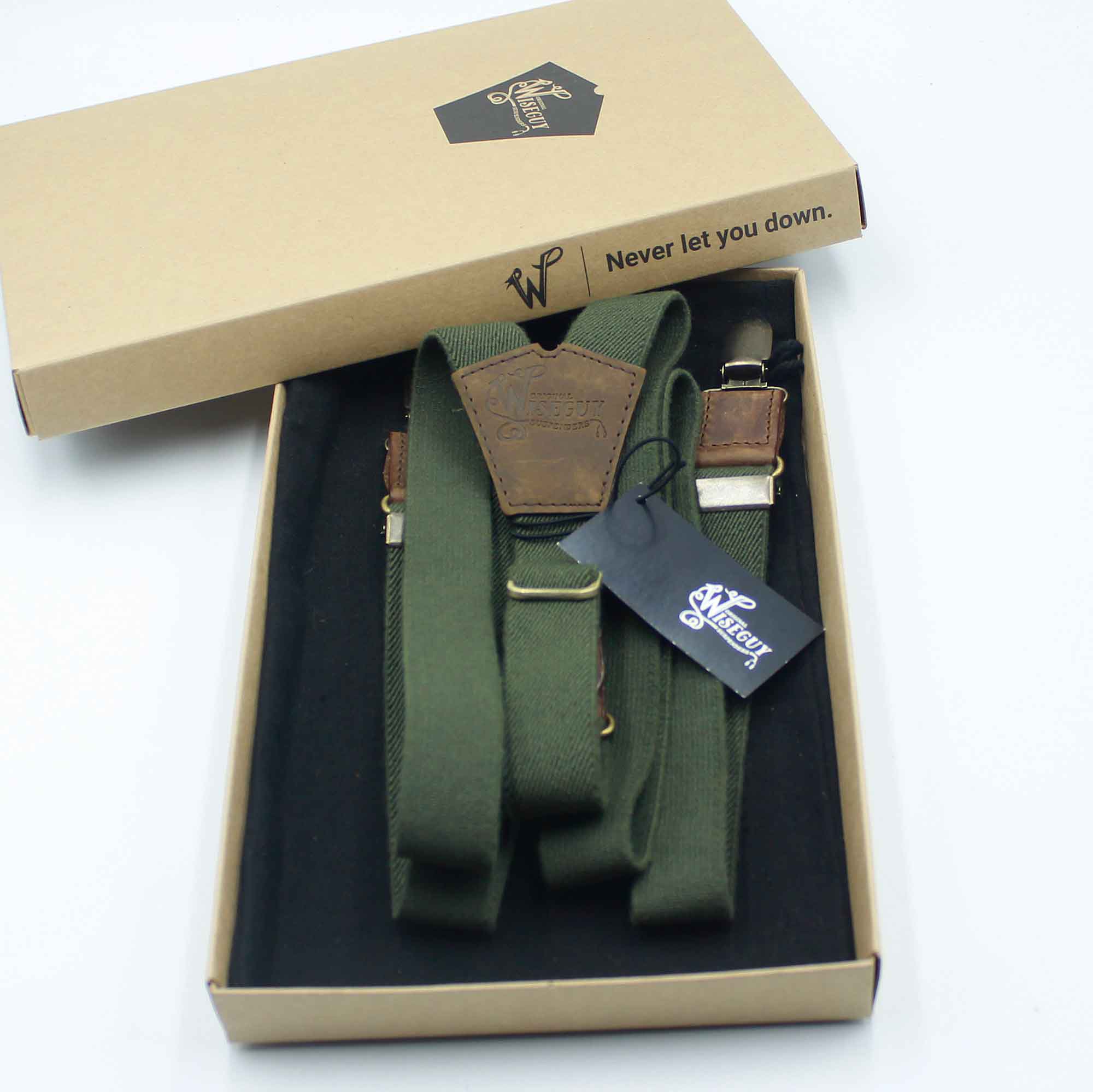 Army Green mens trouser braces suspenders 1" wide Dark Brown Leather - Wiseguy Suspenders