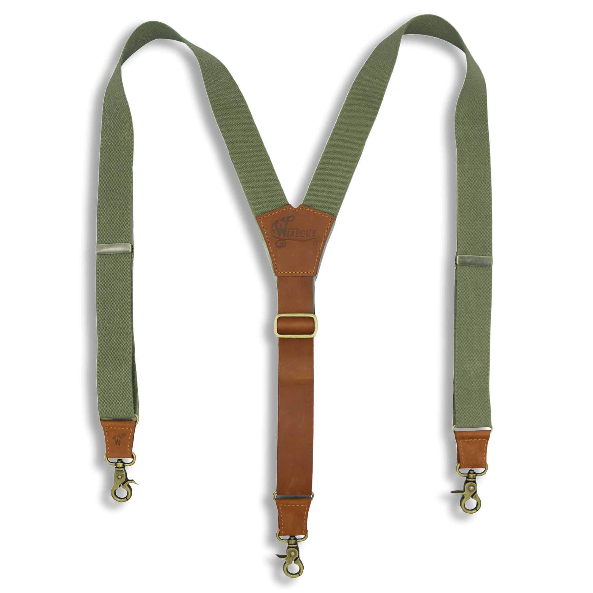 Charger Army Green Elastic Braces with Camel Brown Leather Back strap - Wiseguy Suspenders