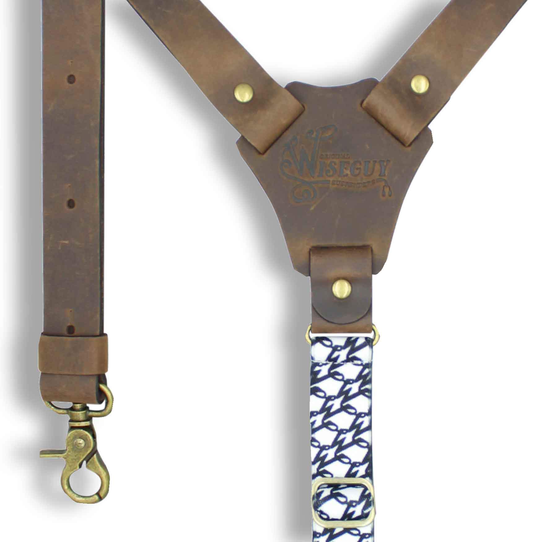 Flex Dark Brown Leather Suspenders with W Monogram Elastic Back Strap - Wiseguy Suspenders