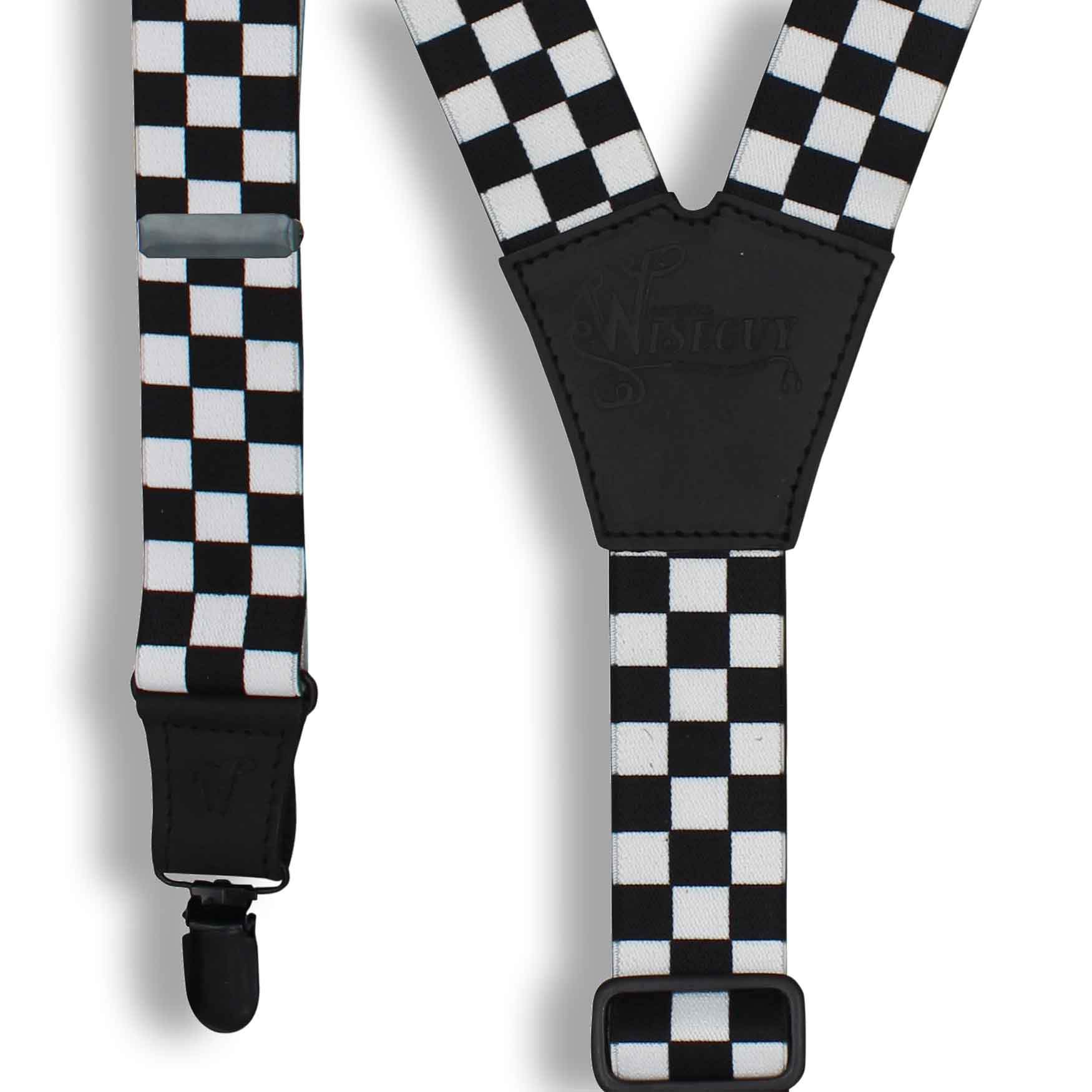 The Formula Black/White 1.3 inch men's Suspenders with black parts - Wiseguy Suspenders