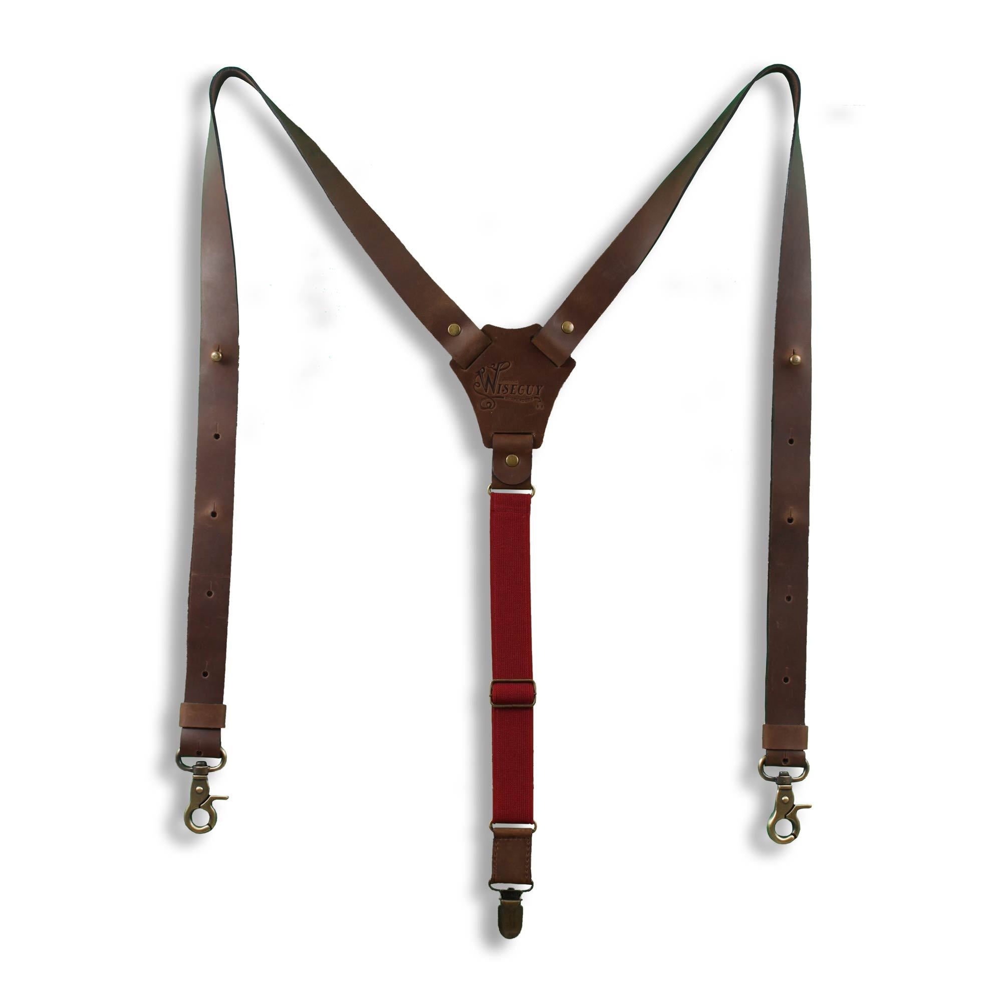 Flex Dark Brown leather Suspenders with Burgundy Elastic Back Strap - Wiseguy Suspenders