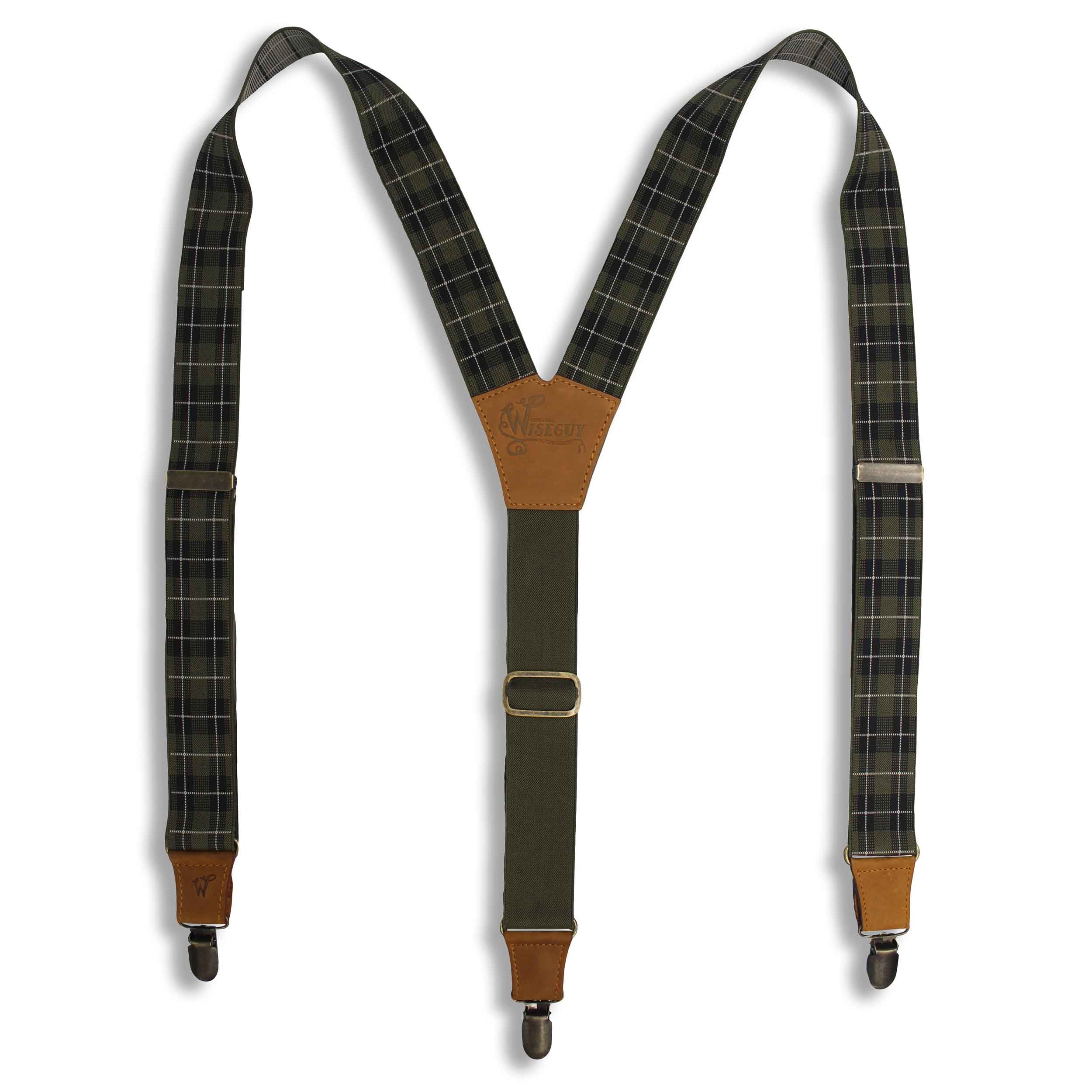 Tartan Olive-black-white Suspenders wide straps (1.36 inch/ 3.5cm) - Wiseguy Suspenders