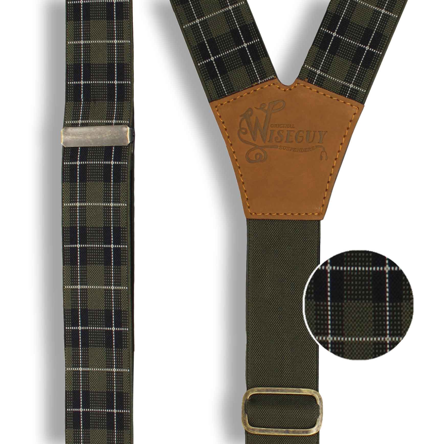 Tartan Olive-black-white Suspenders wide straps (1.36 inch/ 3.5cm) - Wiseguy Suspenders