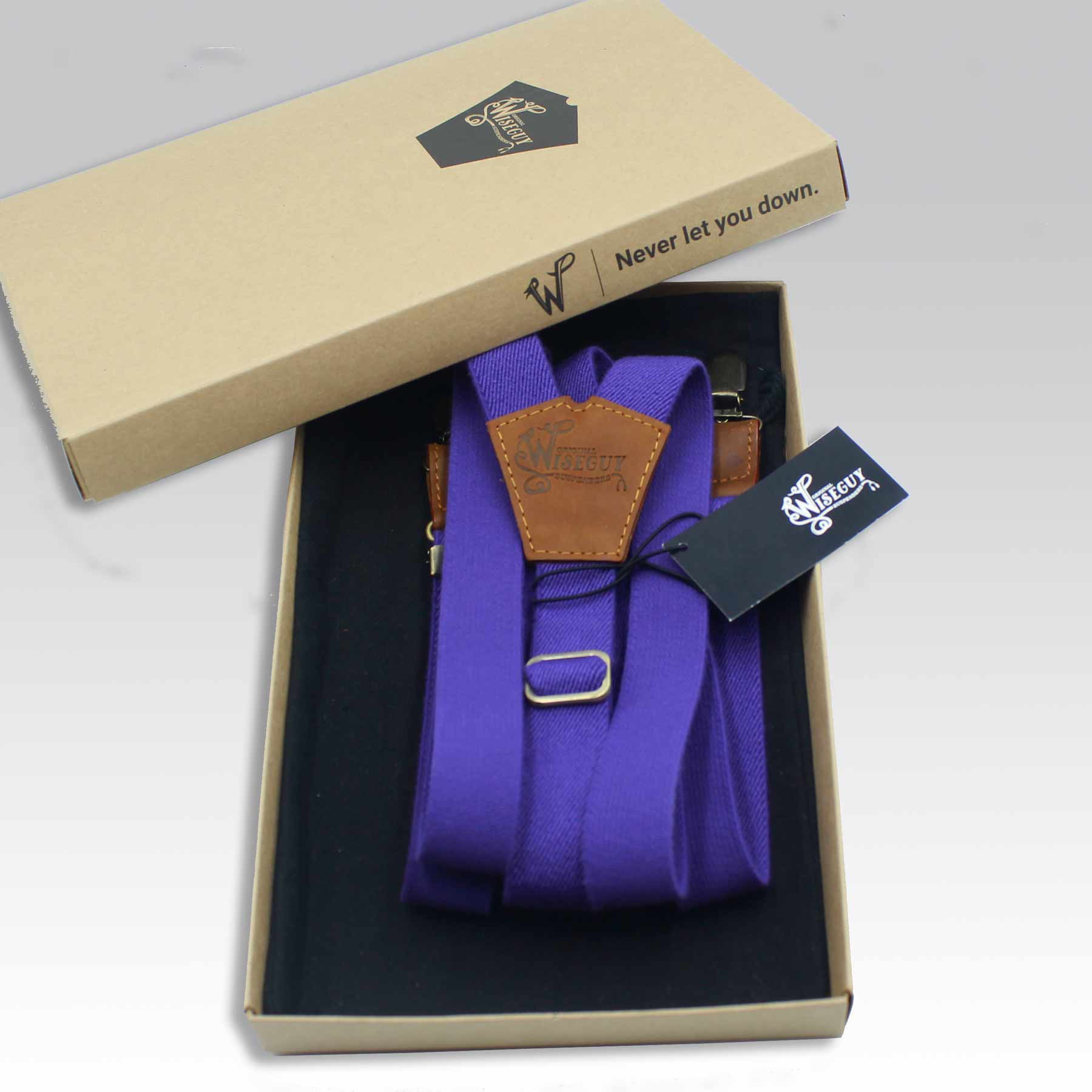 The Colour Purple on Camel Brown Suspenders & Brass slim straps (1 inch/2.5 cm) - Wiseguy Suspenders