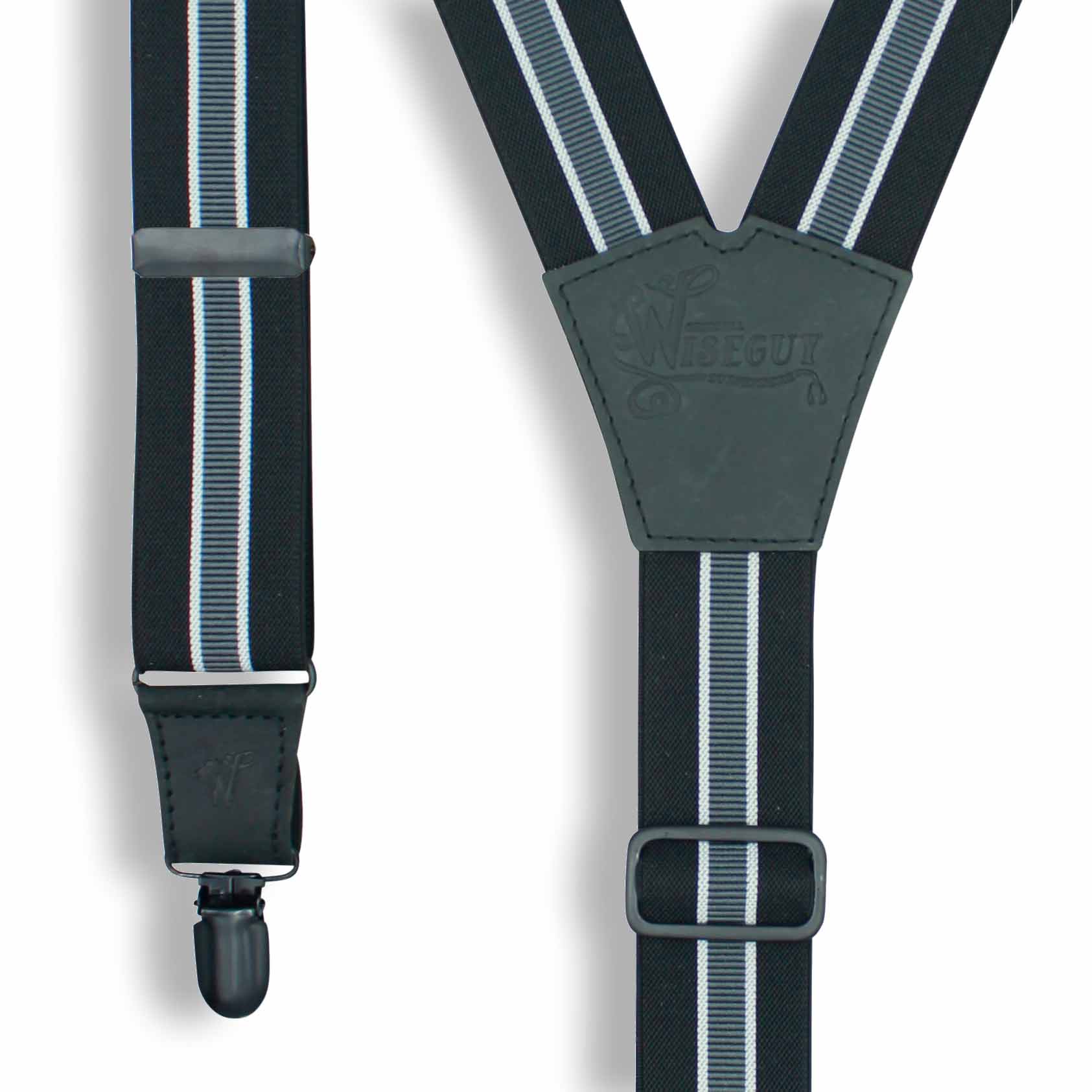 The Hitman Black & Grey stripe on Black & Black Suspenders wide straps (1.36 inch/3.5 cm) - Wiseguy Suspenders